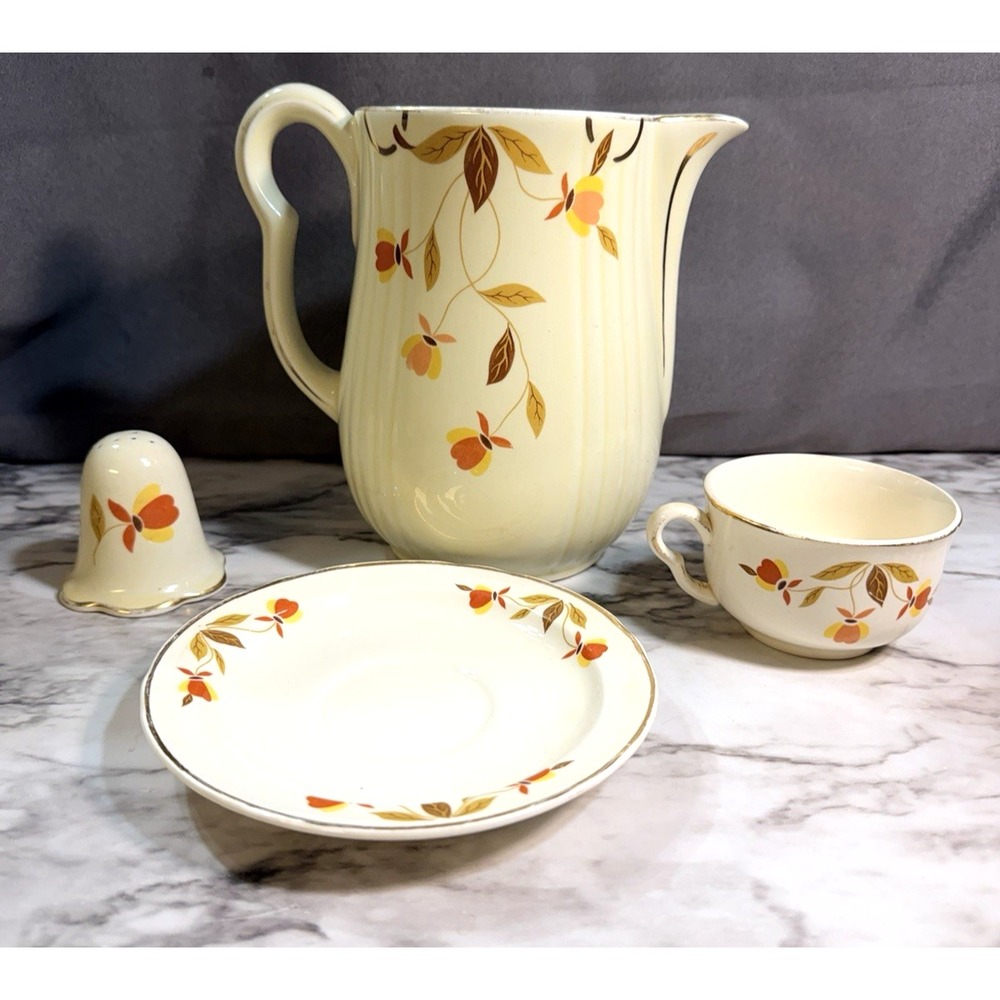 HALL‎ AUTUMN LEAF MIXED LOT~ PITCHER NO LID, CUP, SAUCCER AND SHAKER (2629)